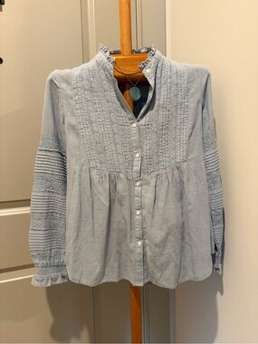 Sundance Cotton Light Blue Pintuck & Lace Peasant Blouse Small
